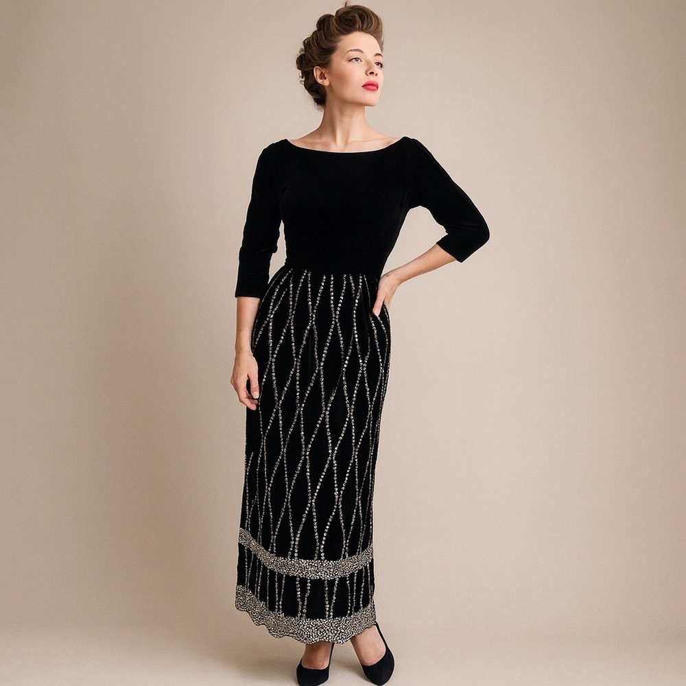 Vintage 1950s Suzy Perette Black Velvet Sequin Evening‎ Gown Old Hollywood Glam
